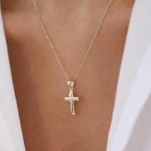 Load image into Gallery viewer, 14K Gold Patterned Cross Necklace, Gold Religious Pendant, Gold Cross Pendant, Elegant Christian Jewelry, Gold Jesus Cross Necklace