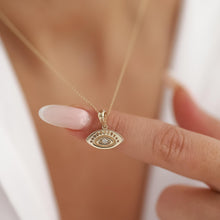Load image into Gallery viewer, 14K Gold Diamond Eye Necklace, Eye with Eyelashes Pendant, Protective Jewelry, Diamond Eye Charm, Spiritual Protection Jewelry