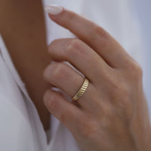 Load image into Gallery viewer, Solid Gold Serrated Ring, 4mm Wedding Band, Solid 14K Gold, Lined Ring, Handmade, Unisex Ring, Dome Ring, Gold Stacking Ring, Minimal