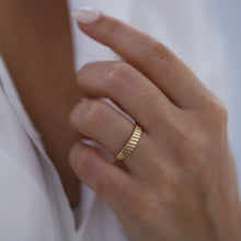 Load image into Gallery viewer, Solid Gold Serrated Ring, 4mm Wedding Band, Solid 14K Gold, Lined Ring, Handmade, Unisex Ring, Dome Ring, Gold Stacking Ring, Minimal