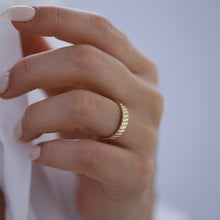 Load image into Gallery viewer, Solid Gold Serrated Ring, 4mm Wedding Band, Solid 14K Gold, Lined Ring, Handmade, Unisex Ring, Dome Ring, Gold Stacking Ring, Minimal
