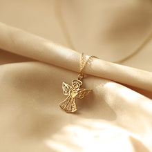 Load image into Gallery viewer, 14K Gold Lace Detail Angel Necklace, Guardian Angel, Good Luck Charm, Gold Layering Chain, Dainty Jewelry, Gift for Her, Birthday Present