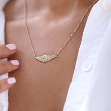 Load image into Gallery viewer, 14k Real Gold Initial Necklace, Horizontal Plate Necklace, Angel Wings Necklace, Gold Croissant Pendant, Personalized Letter Signet Necklace