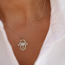 Load image into Gallery viewer, Evil Eye Hamsa Necklace, 14K Gold Hand of Fatima Pendant, Dainty Good Luck Charm, Gift for Her, Symbol of Protection, Zirconium