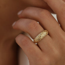 Load image into Gallery viewer, 14K Gold Textured Dome Ring, Thick Patterned Croissant Ring, Minimalist Fine Jewelry, Gift for Her, Statement, Everyday Jewelry, Chunky Ring
