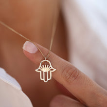 Load image into Gallery viewer, Evil Eye Hamsa Necklace, 14K Gold Hand of Fatima Pendant, Dainty Good Luck Charm, Gift for Her, Symbol of Protection, Zirconium