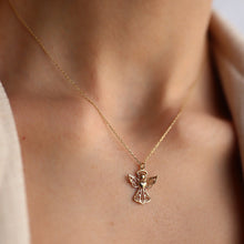 Load image into Gallery viewer, 14K Gold Lace Detail Angel Necklace, Guardian Angel, Good Luck Charm, Gold Layering Chain, Dainty Jewelry, Gift for Her, Birthday Present