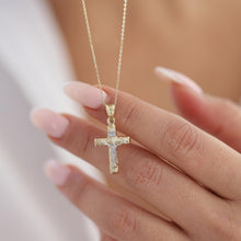 Load image into Gallery viewer, 14K Gold Patterned Cross Necklace, Gold Religious Pendant, Gold Cross Pendant, Elegant Christian Jewelry, Gold Jesus Cross Necklace
