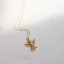 Load image into Gallery viewer, 14K Gold Lace Detail Angel Necklace, Guardian Angel, Good Luck Charm, Gold Layering Chain, Dainty Jewelry, Gift for Her, Birthday Present