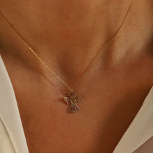 Load image into Gallery viewer, 14K Gold Lace Detail Angel Necklace, Guardian Angel, Good Luck Charm, Gold Layering Chain, Dainty Jewelry, Gift for Her, Birthday Present