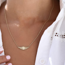 Load image into Gallery viewer, 14k Real Gold Initial Necklace, Horizontal Plate Necklace, Angel Wings Necklace, Gold Croissant Pendant, Personalized Letter Signet Necklace