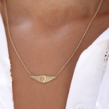 Load image into Gallery viewer, 14k Real Gold Initial Necklace, Horizontal Plate Necklace, Angel Wings Necklace, Gold Croissant Pendant, Personalized Letter Signet Necklace
