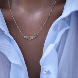 14k Real Gold Initial Necklace, Horizontal Plate Necklace, Angel Wings Necklace, Gold Croissant Pendant, Personalized Letter Signet Necklace