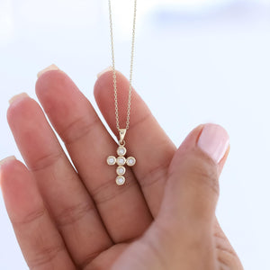 14K Real Gold Diamond Cross Medium Necklace,Gold Religious Necklace,Christian Faith Pendant,Round Framed Necklace, Diamond Gemstone