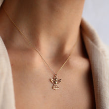 Load image into Gallery viewer, 14K Gold Lace Detail Angel Necklace, Guardian Angel, Good Luck Charm, Gold Layering Chain, Dainty Jewelry, Gift for Her, Birthday Present
