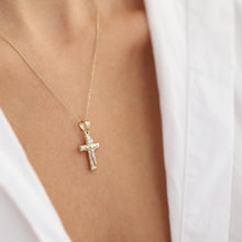 Load image into Gallery viewer, 14K Gold Patterned Cross Necklace, Gold Religious Pendant, Gold Cross Pendant, Elegant Christian Jewelry, Gold Jesus Cross Necklace
