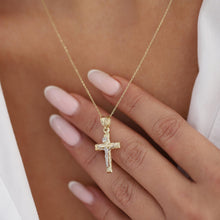 Load image into Gallery viewer, 14K Gold Patterned Cross Necklace, Gold Religious Pendant, Gold Cross Pendant, Elegant Christian Jewelry, Gold Jesus Cross Necklace
