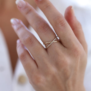 Diamond Cross Ring, 14K Gold Ring, X Ring, Handmade, Geometric, Gift for Her, Mother's Day, Minimalist Accessory, Gold Stacking Ring