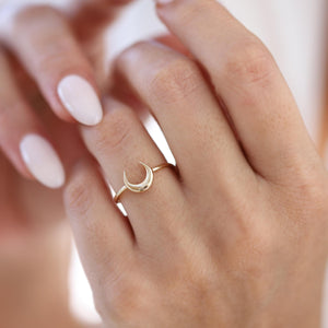 14K Gold Moon Ring, Minimalist Gold Ring, Stacking Jewelry, Unisex Jewelry, Crescent Ring, Celestial, Birthday, Half Moon, Planet Jewelry