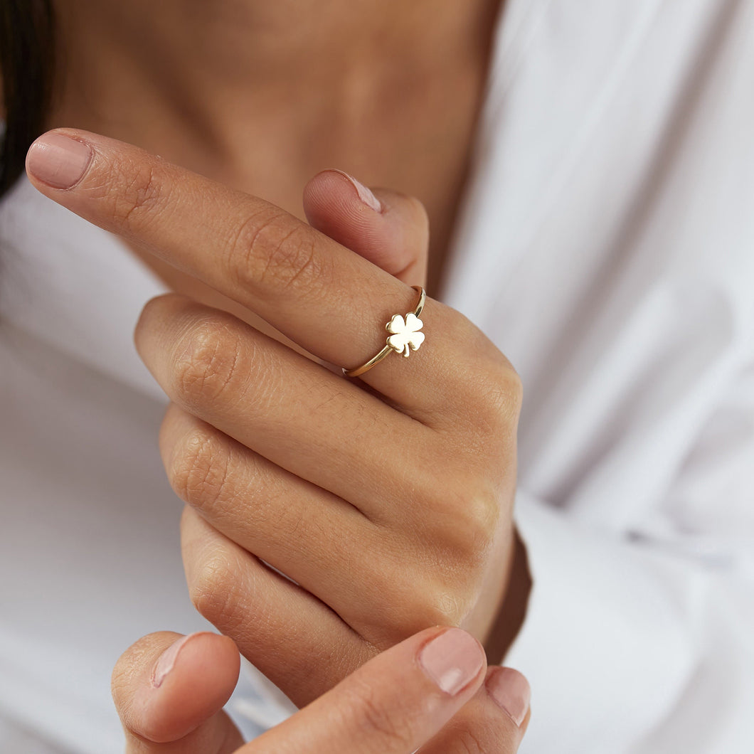 14K Gold Clover Ring, Minimal Stackable Ring, Four Leaf Clover, Luck, Mother's Day, Birthday Gift, Simple Gold Ring, Gift for Her, Rose Gold