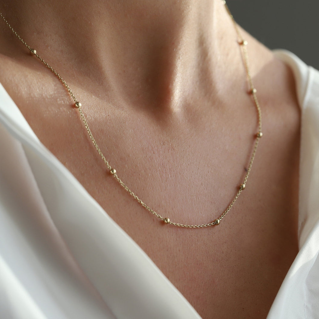 14K Gold Beaded Necklace, Satellite Chain Necklace, Dorica Beads, Dainty Jewelry, Minimalist Layering, Gift for Her, Mother’s Day