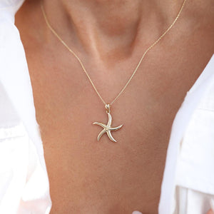 14k Gold Starfish Necklace, Solid Gold Starfish Charm Pendant, Starfish Layering Necklace, Gold Animal Necklace, Summer Beach Jewelry