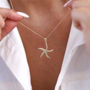 14k Gold Starfish Necklace, Solid Gold Starfish Charm Pendant, Starfish Layering Necklace, Gold Animal Necklace, Summer Beach Jewelry