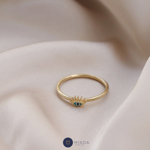 14K Gold Eyelash Ring, Stackable Ring, Turquoise Ring, Evil Eye Jewelry, Minimal Everyday Jewelry, Gift for Her, Real Gold, Dainty Ring