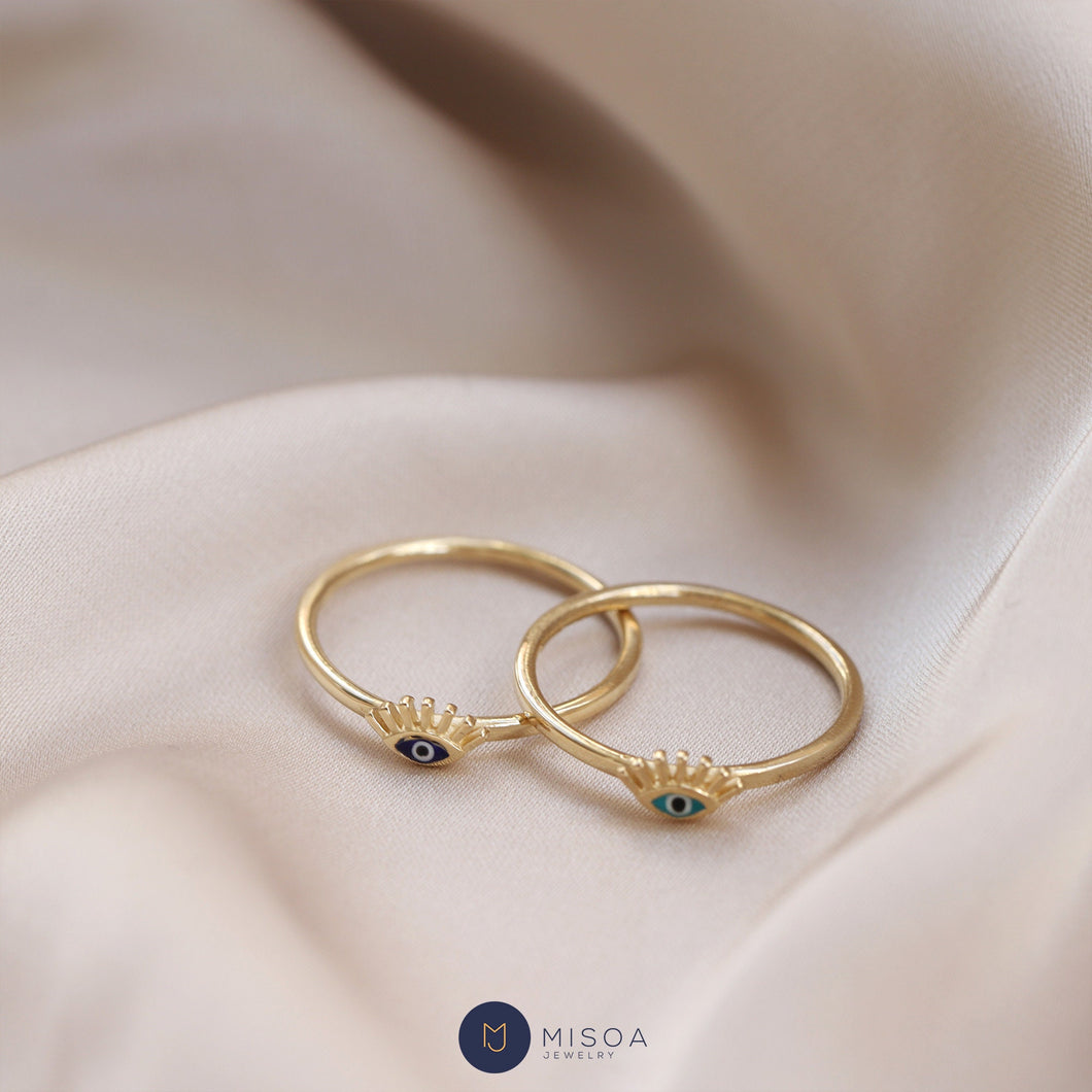 14K Gold Eyelash Ring, Stackable Ring, Turquoise Ring, Evil Eye Jewelry, Minimal Everyday Jewelry, Gift for Her, Real Gold, Dainty Ring