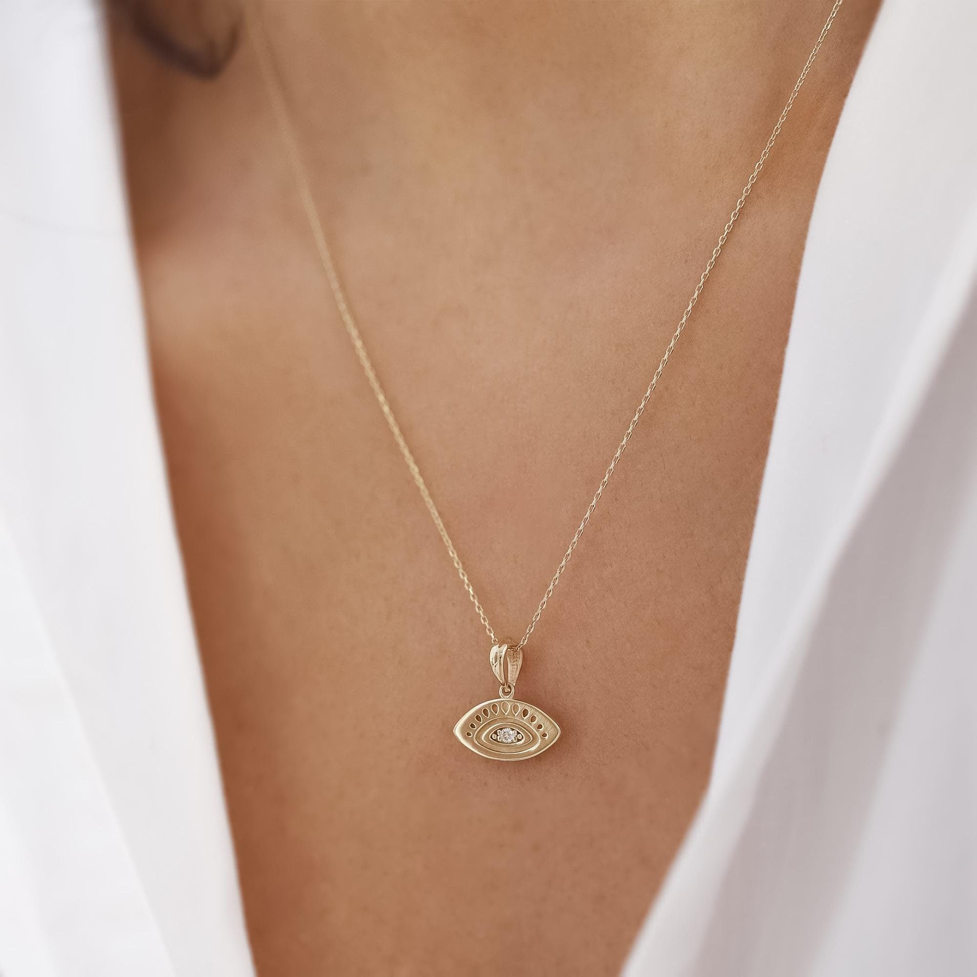 14k Yellow Gold Eye Pendant Necklace - Polished & Rhodium Enameled, 15.1x14.9mm, No Chain Included - View #9