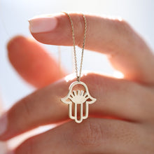 Load image into Gallery viewer, Evil Eye Hamsa Necklace, 14K Gold Hand of Fatima Pendant, Dainty Good Luck Charm, Gift for Her, Symbol of Protection, Zirconium
