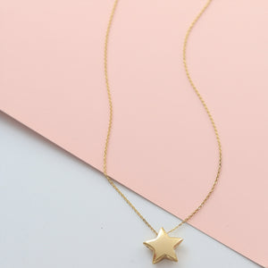 Gold Shining Star Necklace, 14K Gold Necklace, Minimal Invisible Chain Necklace, 3D Floating Star Pendant, Dainty Layering Necklace