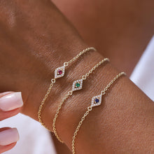 Load image into Gallery viewer, Diamond Evil Eye Bracelet, Emerald, Ruby, Sapphire Eye, Birthday Gift, Minimal Everyday Jewelry, Good Luck, Protection. Graduation, 14K Gold
