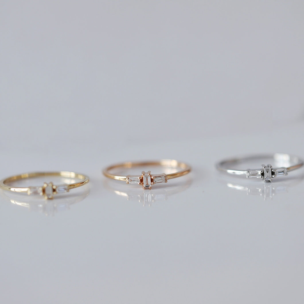 14K Gold Triple Baguette Diamond Ring, Minimal Wedding Band, Promise Ring, Dainty Stacking Ring, Real Gold Jewelry, Anniversary, Birthday