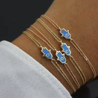 14k yellow white rose gold hand of fatima hamsa bracelet. Protective bracelet with evil eye.