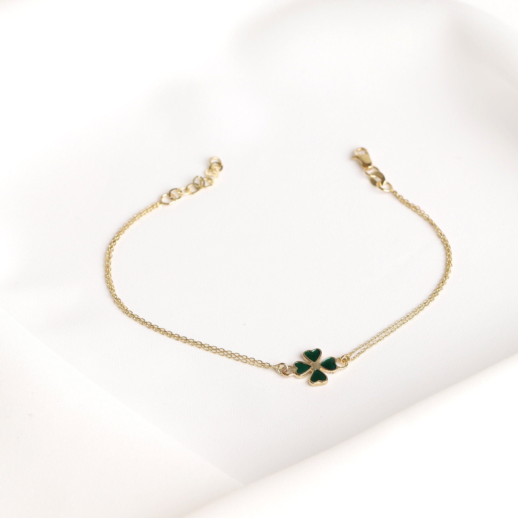 Green and Gold Clover Leaf Enamel Charm Bracelet