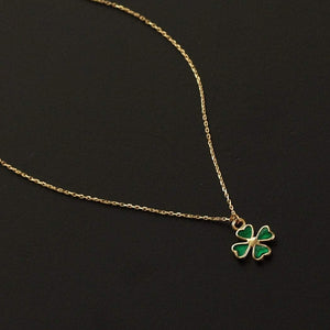 Green Enamel Four-Leaf Gold Clover Necklace