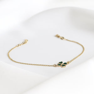 Green Enamel Four-Leaf Gold Clover Bracelet
